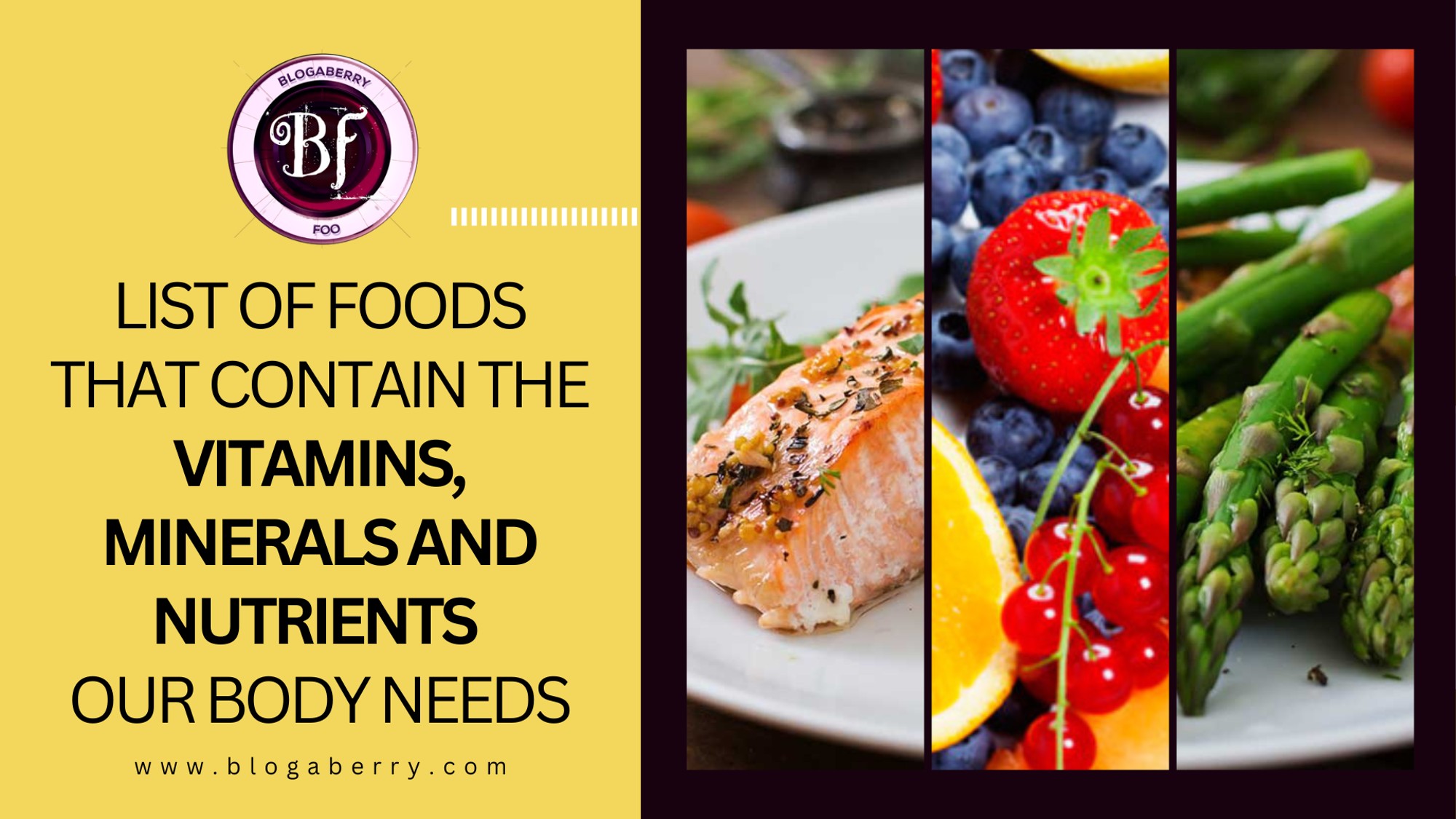 Plate with salmon, tomatoes, oranges, blueberries and asparagus showing vitamin-rich foods